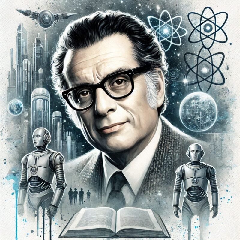 Watercolor painting of Isaac Asimov, featuring a close-up of his face with signature glasses and a contemplative expression. The background showcases futuristic elements such as towering cityscapes, robotic figures, and atomic symbols, blending themes of science fiction and technology. An open book is prominently displayed at the bottom, symbolizing Asimov's literary contributions, while robotic figures flank both sides, representing his iconic works on robotics