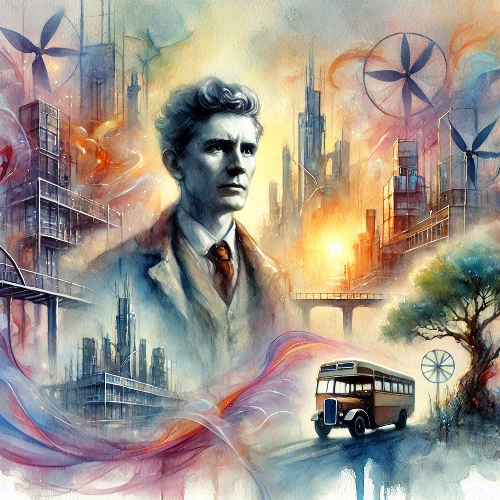 A watercolor fantasy portrait inspired by J.G. Ballard, featuring a contemplative man standing in a surreal, dreamlike setting. The scene blends soft, flowing colors with ethereal light, depicting futuristic architecture entwined with nature. Towering abstract structures loom in the background, while the man, dressed in subtle tones, gazes thoughtfully. The overall atmosphere is otherworldly, merging reality with the fantastical.