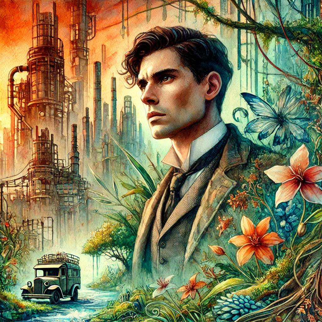 Watercolor fantasy portrait inspired by Paolo Bacigalupi, depicting a reflective man in a post-apocalyptic landscape. The scene showcases overgrown nature reclaiming industrial ruins, blending rich, earthy tones with surreal elements. The man’s serious expression complements the environmentally conscious and dystopian themes, highlighting the tension between technology and nature.