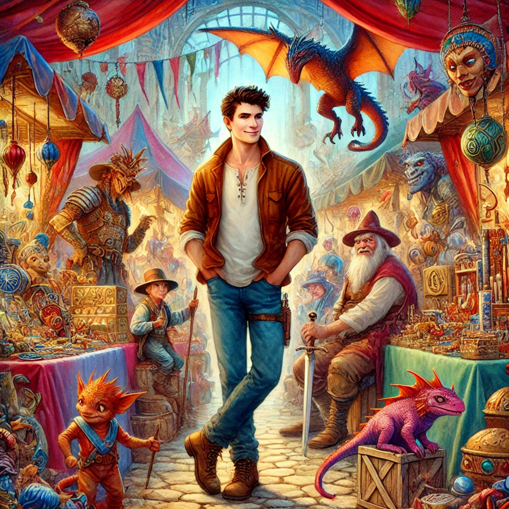 Fantasy watercolor painting of Robert Asprin in a vibrant, magical market square. He is depicted wearing a casual, adventurous outfit with a playful smirk. The lively scene features colorful stalls filled with strange artifacts and magical items. Surrounding him are whimsical characters from his 'Myth' series, including a mischievous dragon, a quirky wizard, and a talking sword. The artwork uses a rich color palette of vivid reds, blues, and golds to create a fantastical and comedic atmosphere.