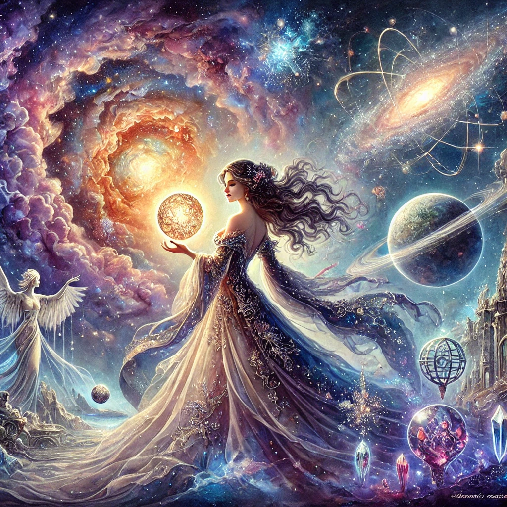 Fantasy watercolor painting of Catherine Asaro in a cosmic landscape filled with swirling galaxies, distant stars, and vibrant nebulae. She is dressed in a flowing, celestial-patterned gown, holding a glowing orb that blends science and magic. The scene features ethereal figures, floating crystals, and futuristic machinery. A lion stands beside her, symbolizing strength, while other cosmic and mystical elements such as ancient pillars, glowing orbs, and star charts enhance the enchanting atmosphere. The color palette is rich in purples, blues, and golds, evoking the grandeur of the universe