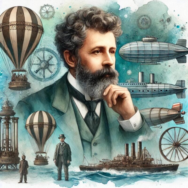 Watercolor fantasy image of Jules Verne