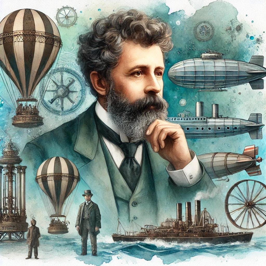 Watercolor fantasy image of Jules Verne