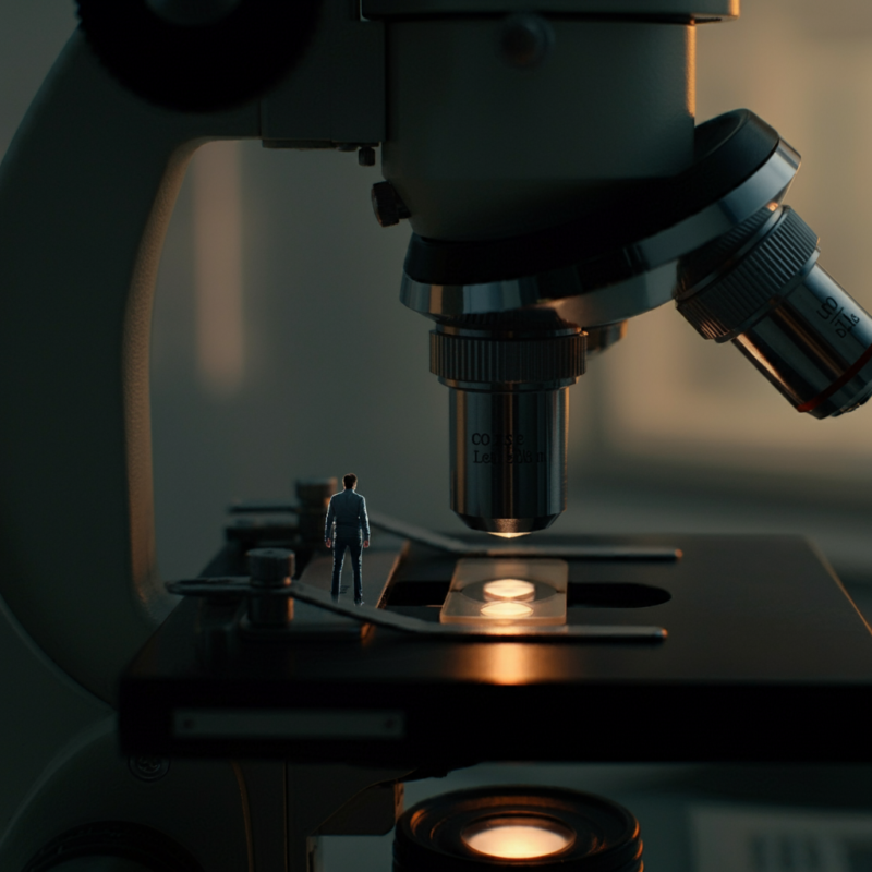 miniature man standing on the stage of a microscope