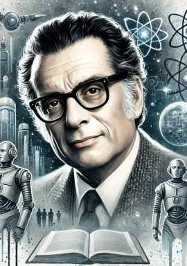 Watercolor painting of Isaac Asimov, featuring a close-up of his face with signature glasses and a contemplative expression. The background showcases futuristic elements such as towering cityscapes, robotic figures, and atomic symbols, blending themes of science fiction and technology. An open book is prominently displayed at the bottom, symbolizing Asimov's literary contributions, while robotic figures flank both sides, representing his iconic works on robotics