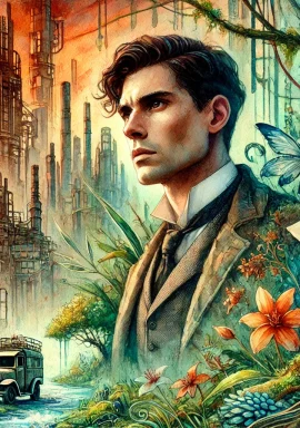 Watercolor fantasy portrait inspired by Paolo Bacigalupi, depicting a reflective man in a post-apocalyptic landscape. The scene showcases overgrown nature reclaiming industrial ruins, blending rich, earthy tones with surreal elements. The man’s serious expression complements the environmentally conscious and dystopian themes, highlighting the tension between technology and nature.