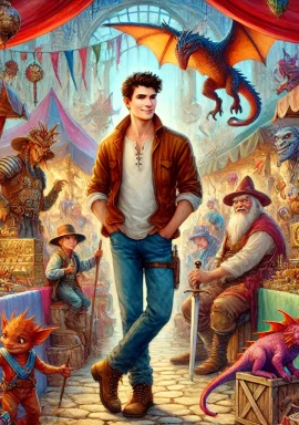 Fantasy watercolor painting of Robert Asprin in a vibrant, magical market square. He is depicted wearing a casual, adventurous outfit with a playful smirk. The lively scene features colorful stalls filled with strange artifacts and magical items. Surrounding him are whimsical characters from his 'Myth' series, including a mischievous dragon, a quirky wizard, and a talking sword. The artwork uses a rich color palette of vivid reds, blues, and golds to create a fantastical and comedic atmosphere.