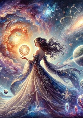 Fantasy watercolor painting of Catherine Asaro in a cosmic landscape filled with swirling galaxies, distant stars, and vibrant nebulae. She is dressed in a flowing, celestial-patterned gown, holding a glowing orb that blends science and magic. The scene features ethereal figures, floating crystals, and futuristic machinery. A lion stands beside her, symbolizing strength, while other cosmic and mystical elements such as ancient pillars, glowing orbs, and star charts enhance the enchanting atmosphere. The color palette is rich in purples, blues, and golds, evoking the grandeur of the universe