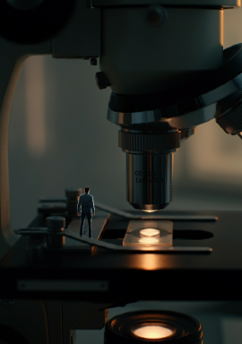 miniature man standing on the stage of a microscope